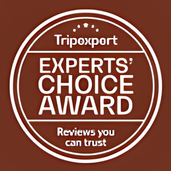 Tripoxport Experts' Choice Award logo, white text on a brown background.