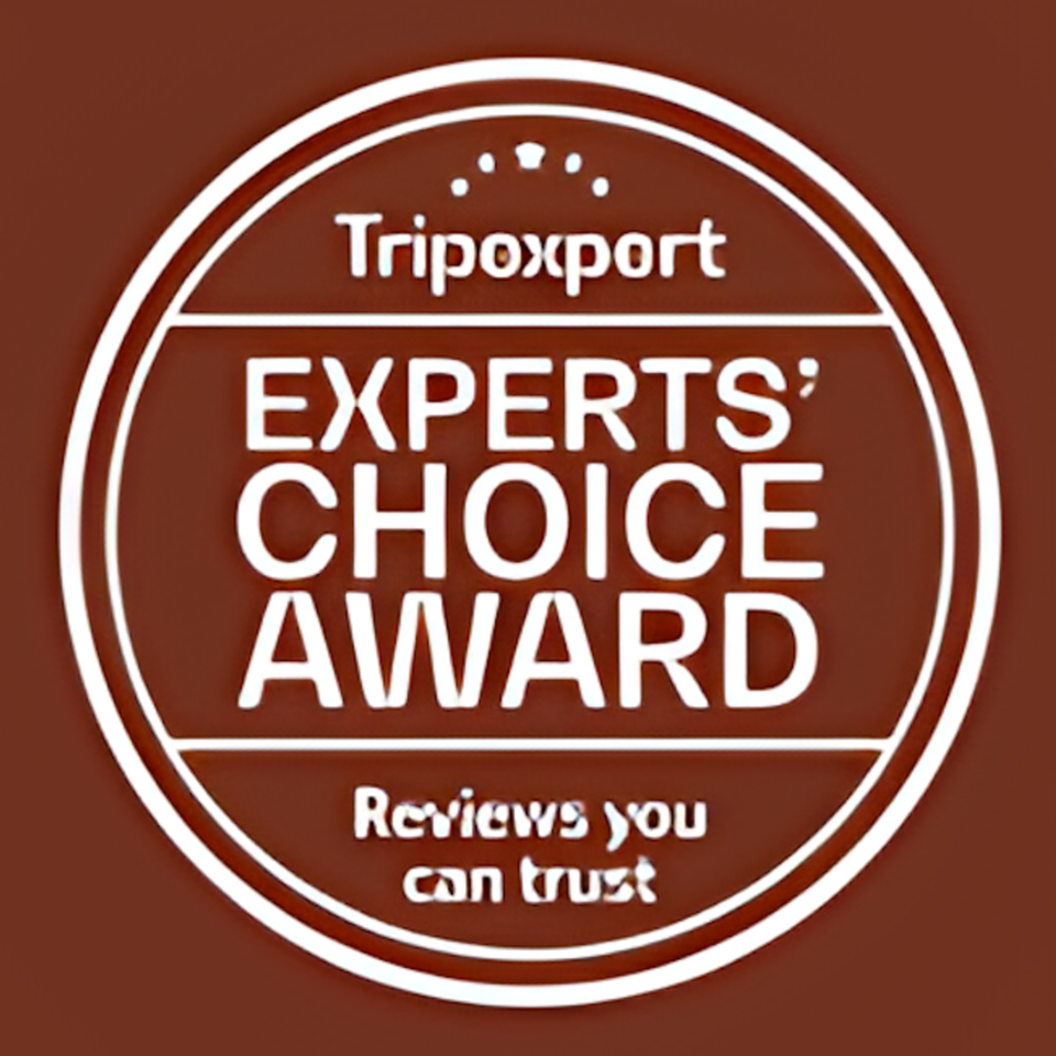 Tripoxport Experts' Choice Award logo, white text on a brown background.