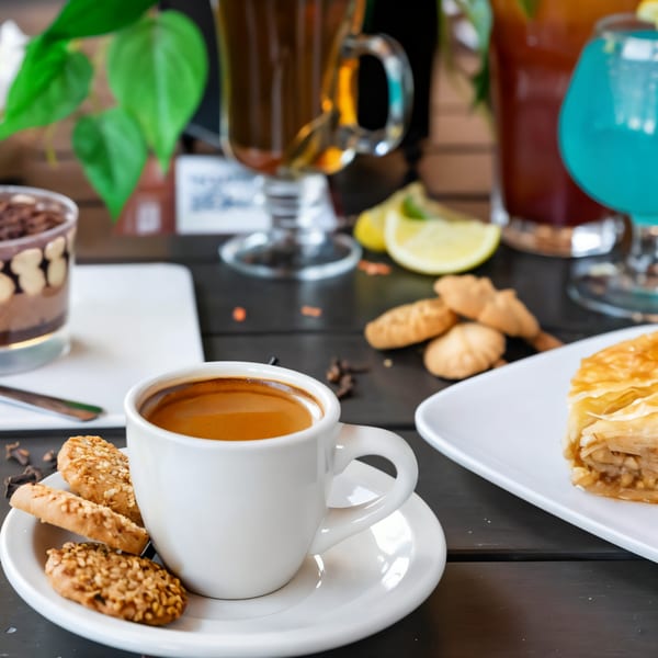 Ethiopian coffee in a white cup with cookies, baklava, and drinks on a dark wooden table.