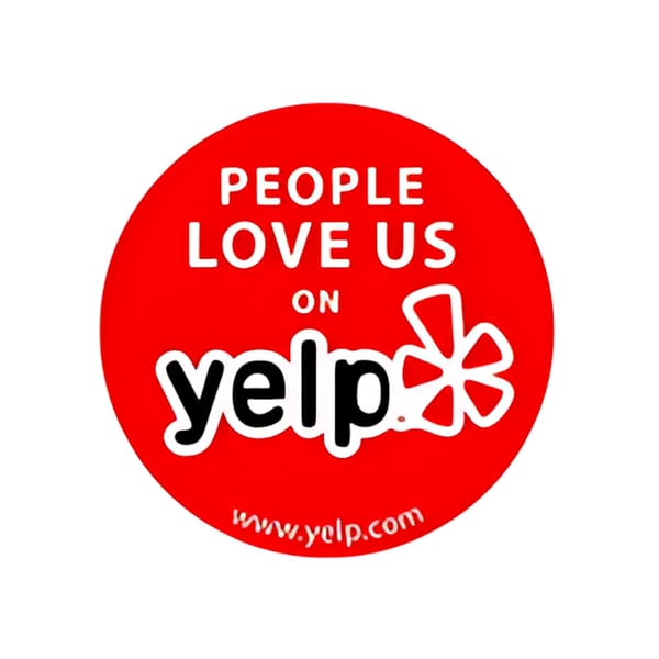 Red circular Yelp logo with white text "PEOPLE LOVE US ON yelp" and "www.yelp.com".