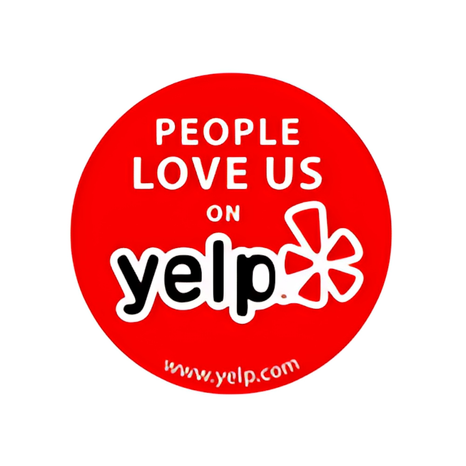 Red circular Yelp logo with white text "PEOPLE LOVE US ON yelp" and "www.yelp.com".