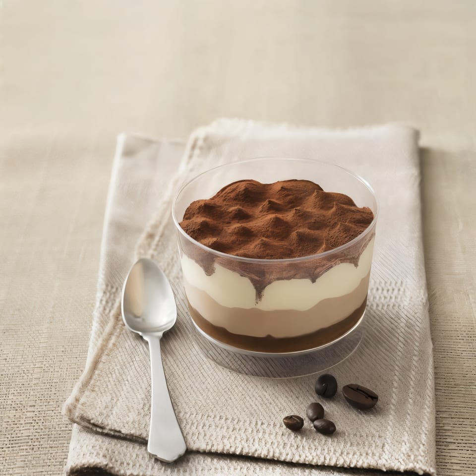 Layered tiramisu dessert in a glass cup with cocoa powder, a spoon, and coffee beans.