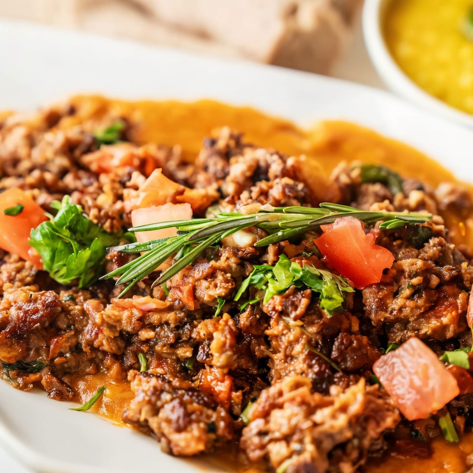 Desta Ethiopian Kitchen's flavorful Ethiopian dish, featuring meat, tomatoes, and herbs on a white plate.