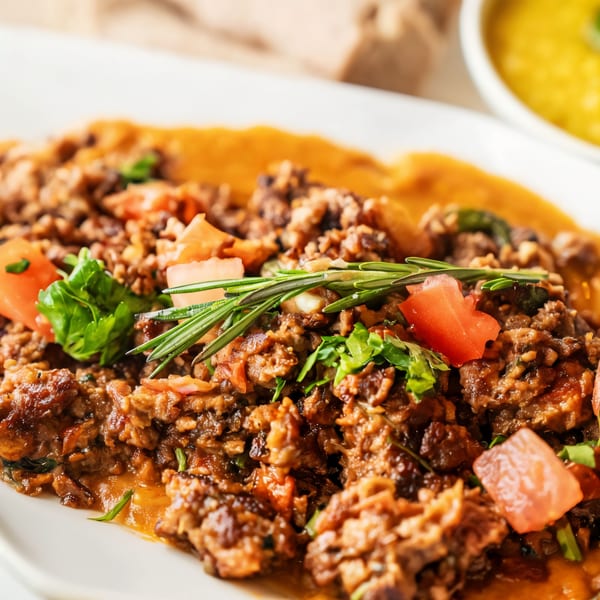 Close-up of Desta Ethiopian Kitchen's flavorful tibs, garnished with fresh rosemary, tomatoes, and parsley.