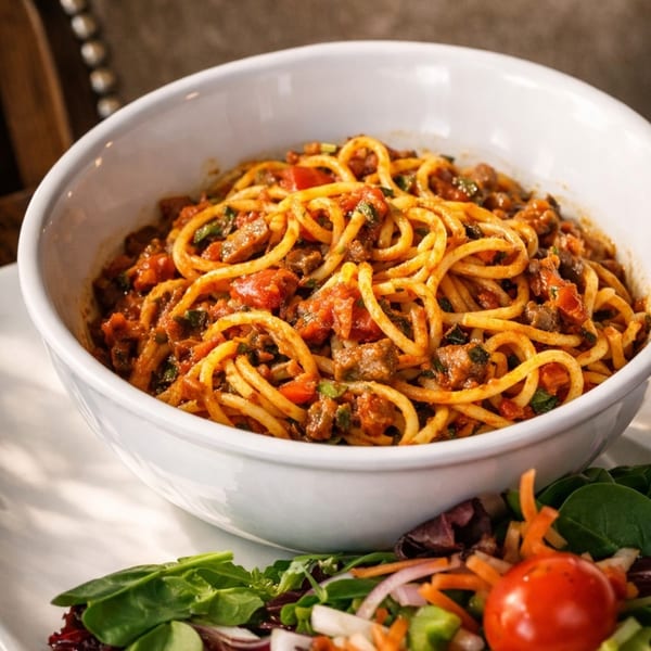 A white bowl of spaghetti with meat sauce and a side salad with spinach and tomatoes.