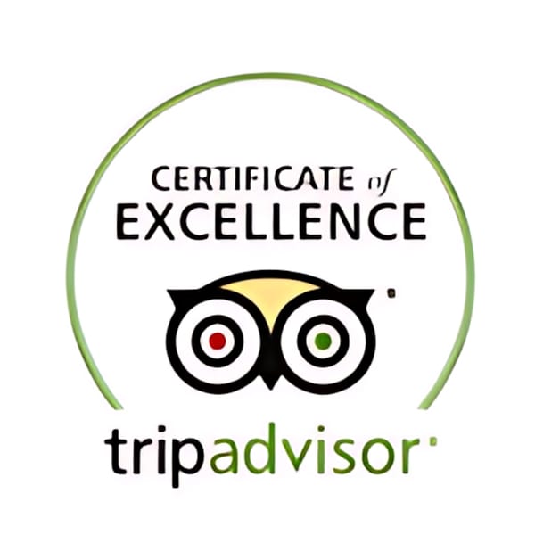 TripAdvisor Certificate of Excellence logo, a green circle around text and an owl icon.