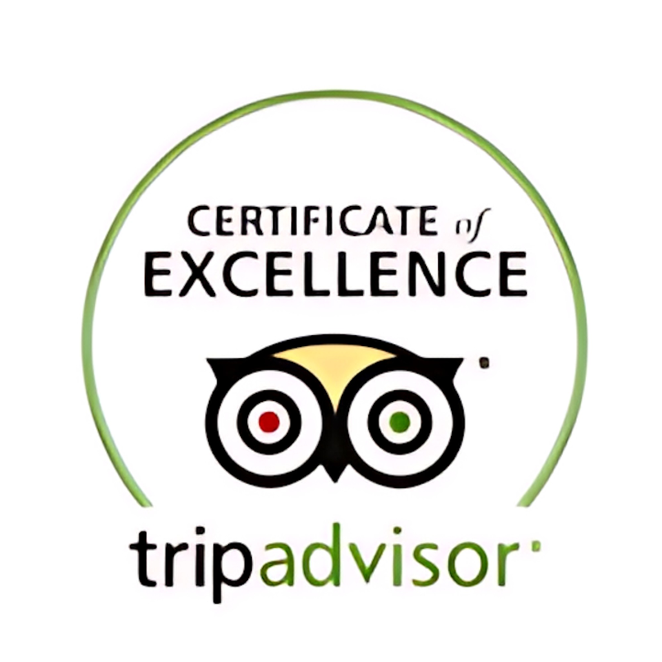 TripAdvisor Certificate of Excellence logo, a green circle around text and an owl icon.