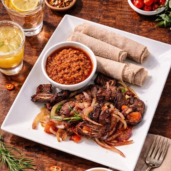 Desta Ethiopian Kitchen's Tibs, injera, and spicy red sauce, with drinks and cherry tomatoes.